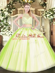 Suitable Beading Sweet 16 Dresses Yellow Green Zipper Sleeveless Floor Length