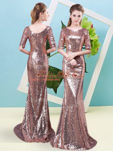 Gold Mermaid Scoop Half Sleeves Sequined Floor Length Zipper Sequins Prom Dresses