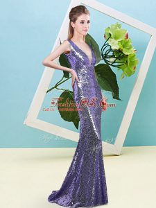 Fashionable Purple V-neck Neckline Sequins Prom Party Dress Sleeveless Zipper