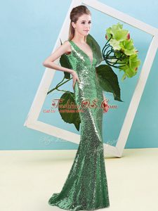 Perfect Green Sequined Zipper V-neck Sleeveless Floor Length Homecoming Dress Sequins