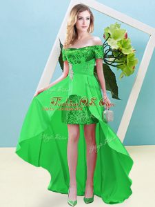 Nice Green Short Sleeves High Low Beading Lace Up Prom Dresses