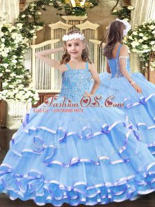 Superior Aqua Blue Ball Gowns Organza Straps Sleeveless Beading and Ruffled Layers Floor Length Lace Up Pageant Dress