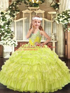 Enchanting Yellow Green Lace Up Pageant Dress for Girls Beading and Ruffled Layers and Pick Ups Sleeveless Floor Length