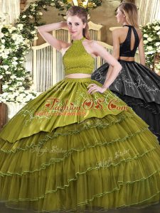 Captivating Sleeveless Organza Floor Length Backless Quinceanera Gown in Olive Green with Beading and Embroidery and Ruffled Layers
