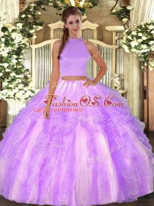 Sleeveless Floor Length Beading and Ruffles Backless Sweet 16 Dress with Lavender