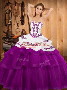 Fuchsia Strapless Neckline Embroidery and Ruffled Layers Quince Ball Gowns Sleeveless Lace Up