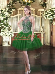 Unique Dark Green Ball Gowns Tulle Halter Top Sleeveless Beading Mini Length Lace Up Prom Dress