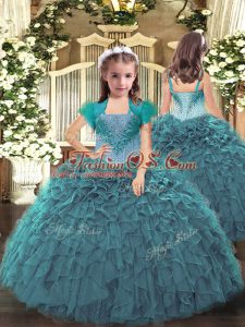 Teal Organza Lace Up Kids Formal Wear Sleeveless Floor Length Beading and Ruffles
