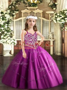 Trendy Fuchsia Sleeveless Tulle Lace Up Little Girl Pageant Dress for Party and Quinceanera