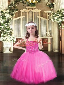 Rose Pink Ball Gowns Beading Pageant Gowns Lace Up Tulle Sleeveless Floor Length