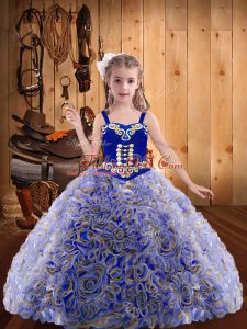 Multi-color Fabric With Rolling Flowers Lace Up Straps Sleeveless Floor Length Little Girl Pageant Gowns Embroidery and Ruffles