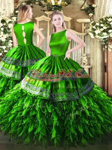 Suitable Scoop Sleeveless Clasp Handle Ball Gown Prom Dress Green Satin and Organza