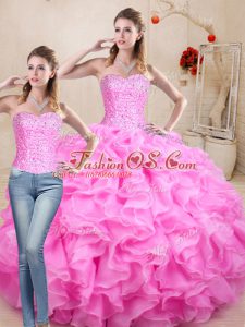 Exceptional Rose Pink Sleeveless Organza Lace Up 15 Quinceanera Dress for Sweet 16 and Quinceanera