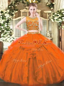 Sleeveless Tulle Floor Length Zipper Sweet 16 Dresses in Rust Red with Beading and Ruffles