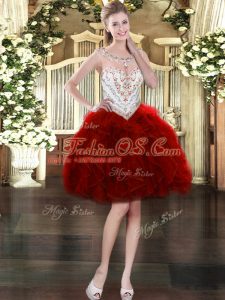 Enchanting Wine Red Ball Gowns Organza Scoop Sleeveless Beading and Ruffles Mini Length Zipper