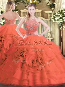 Shining Red Halter Top Zipper Beading and Ruffled Layers Quinceanera Gowns Sleeveless