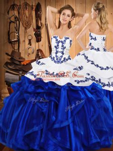 Decent Royal Blue Ball Gowns Satin and Organza Strapless Sleeveless Embroidery and Ruffles Floor Length Lace Up 15 Quinceanera Dress