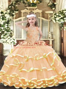 Hot Sale Floor Length Peach Pageant Dresses Straps Sleeveless Lace Up