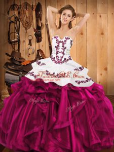 New Arrival Embroidery and Ruffles Vestidos de Quinceanera Fuchsia Lace Up Sleeveless Floor Length