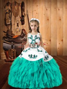 Fantastic Embroidery and Ruffles Kids Formal Wear Aqua Blue Lace Up Sleeveless Floor Length