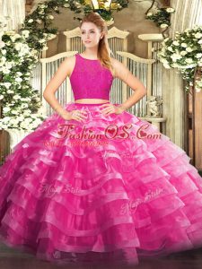 Fuchsia Sleeveless Organza Zipper Quince Ball Gowns for Military Ball and Sweet 16 and Quinceanera