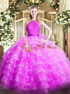 Trendy Sleeveless Organza Floor Length Zipper Quince Ball Gowns in Lilac with Ruffled Layers