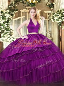 Dazzling Fuchsia Two Pieces Embroidery and Ruffled Layers Sweet 16 Quinceanera Dress Zipper Organza and Taffeta Sleeveless Floor Length