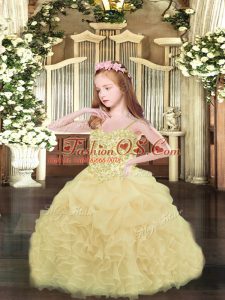Classical Sleeveless Asymmetrical Appliques and Ruffles and Pick Ups Lace Up Little Girls Pageant Dress Wholesale with Champagne