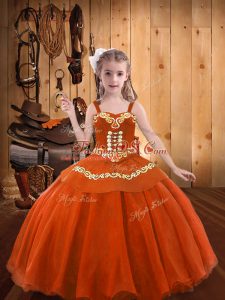 Custom Design Orange Red Organza Lace Up Pageant Dress for Womens Sleeveless Floor Length Embroidery and Ruffles