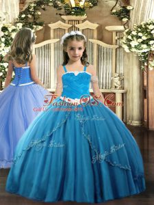 Simple Blue Winning Pageant Gowns Straps Sleeveless Sweep Train Lace Up