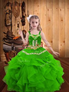 Charming Green Ball Gowns Embroidery and Ruffles Little Girl Pageant Dress Lace Up Organza Sleeveless Floor Length