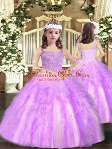Straps Sleeveless Organza Pageant Gowns For Girls Beading and Ruffles Lace Up