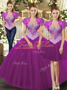 Fuchsia Sleeveless Floor Length Beading Lace Up Quinceanera Gown