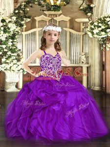 Purple Ball Gowns Beading and Ruffles Little Girls Pageant Dress Lace Up Organza Sleeveless Floor Length