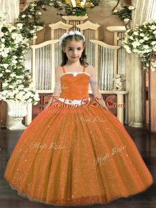 Rust Red Ball Gowns Straps Sleeveless Tulle Floor Length Lace Up Appliques Little Girls Pageant Dress Wholesale