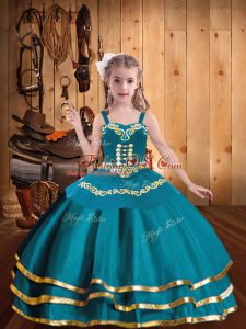 Sleeveless Organza Floor Length Lace Up Kids Formal Wear in Teal with Embroidery and Ruffled Layers