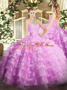Lilac Lace Up Quinceanera Dresses Beading and Ruffled Layers Sleeveless Floor Length
