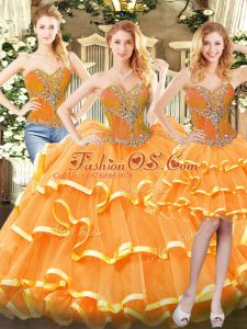 Custom Designed Beading and Ruffled Layers 15 Quinceanera Dress Orange Red Lace Up Sleeveless Floor Length