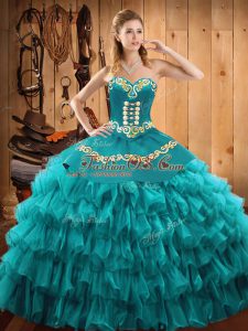 Sexy Satin and Organza Sweetheart Sleeveless Lace Up Embroidery and Ruffled Layers Quinceanera Gown in Teal