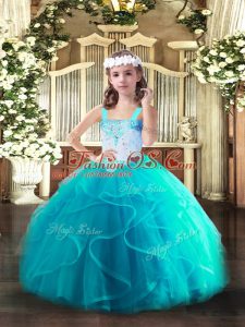 Top Selling Floor Length Aqua Blue Little Girl Pageant Dress Straps Sleeveless Lace Up