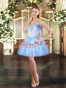 Inexpensive Baby Blue Ball Gowns Beading and Ruffles Evening Dress Lace Up Tulle Sleeveless Mini Length