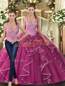 Sumptuous Tulle Straps Sleeveless Lace Up Beading and Ruffles Ball Gown Prom Dress in Fuchsia
