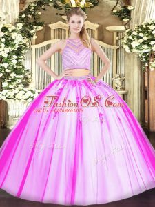 Fashion Floor Length Two Pieces Sleeveless Rose Pink Vestidos de Quinceanera Zipper