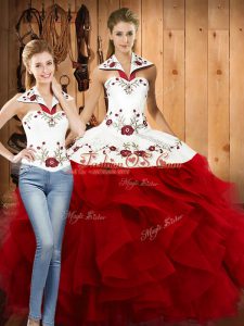 Flare Wine Red Two Pieces Halter Top Sleeveless Satin and Organza Floor Length Lace Up Embroidery and Ruffles Vestidos de Quinceanera