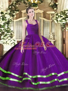 Purple Sleeveless Floor Length Beading and Ruffled Layers Zipper Sweet 16 Dress