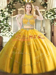Gold Sleeveless Beading Floor Length Sweet 16 Quinceanera Dress
