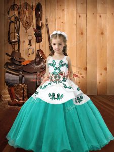 Trendy Embroidery Pageant Dress Aqua Blue Lace Up Sleeveless Floor Length