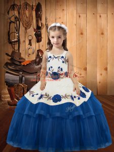Organza Straps Sleeveless Lace Up Embroidery and Ruffled Layers Child Pageant Dress in Blue