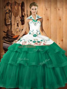 Custom Made Turquoise Sleeveless Embroidery and Ruffled Layers Lace Up Quinceanera Dresses