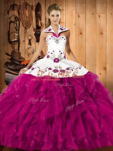Stunning Halter Top Sleeveless Satin and Organza 15th Birthday Dress Embroidery and Ruffles Lace Up